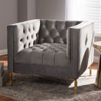 Baxton Studio TSF-7723-Grey/Gold Zanetta Luxe and Glamour Grey Velvet Upholstered Gold Finished Lounge Chair